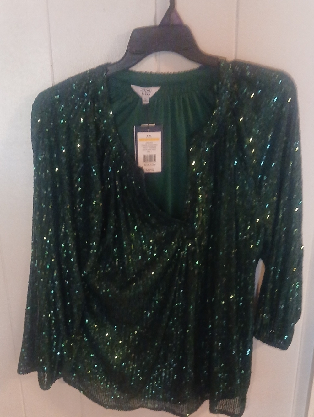 crown & ivy Green Sequin Draped V-Neck Blouse